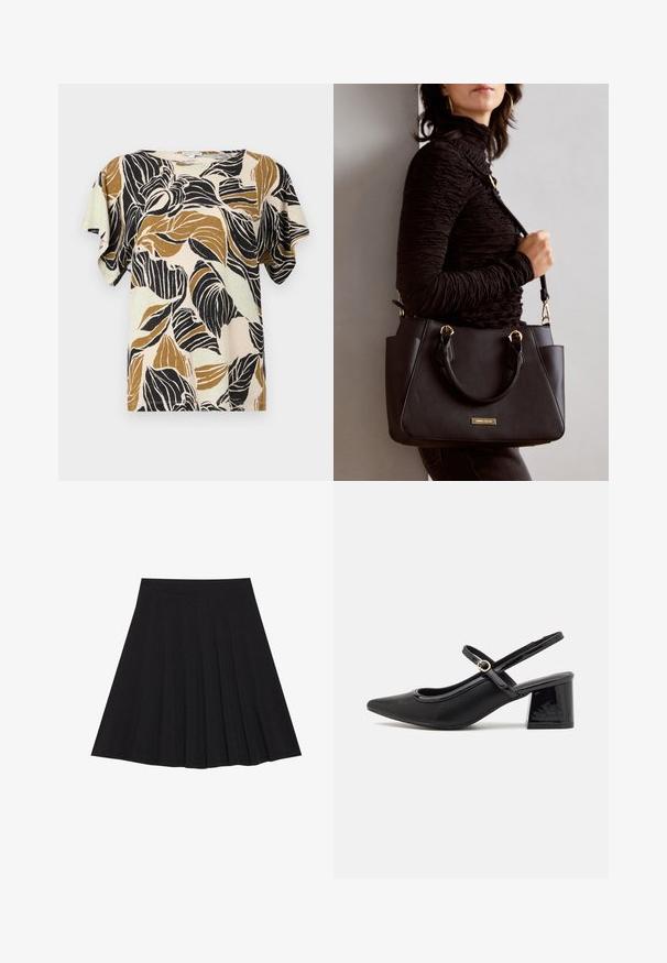 Blusa de manga corta en beige, con un estampado de hojas en negro y tonos marrones. Tejido suave con un ajuste relajado y cuello redondo.; Falda plisada negra hecha de un tejido texturizado con una cinturilla ajustada. Llega a la altura de la rodilla y presenta una silueta suave y limpia.; Tacones slingback de charol negro con punta afilada, un diseño de corte redondeado y tacón bloque. Incluye un detalle de hebilla en tono dorado.; Bolso negro con superficie texturizada, doble asa superior y correa para hombro ajustable. Presenta herrajes en tono dorado y bolsillos laterales.