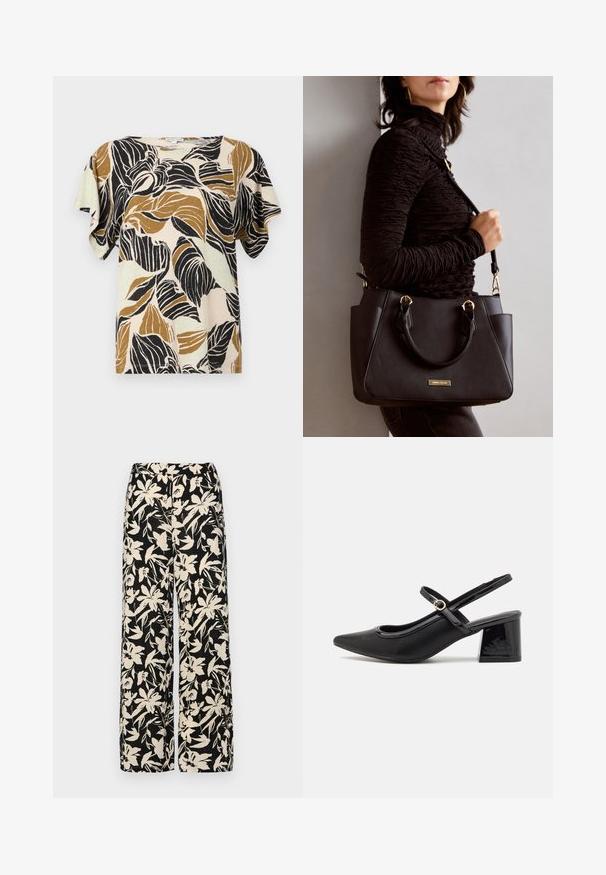 Kurzärmlige Bluse in Beige mit einem Blattdruck in Schwarz und Brauntönen. Weicher Stoff mit lockerem Schnitt und rundem Halsausschnitt.; Schwarze weit geschnittene Hose mit einem cremefarbenen Blumenmuster. Hergestellt aus leichtem Stoff, mit einer glatten Textur und einem hohen Bund.; Schwarze Lackleder-Slingback-Absätze mit spitzer Zehenform, einem runden Ausschnitt-Design und einem Blockabsatz. Mit einem goldfarbenen Schnallenakzent.; Schwarze Handtasche mit strukturierten Oberflächen, doppelten Obergriffen und verstellbarem Schultergurt. Mit goldfarbener Hardware und Seitentaschen.
