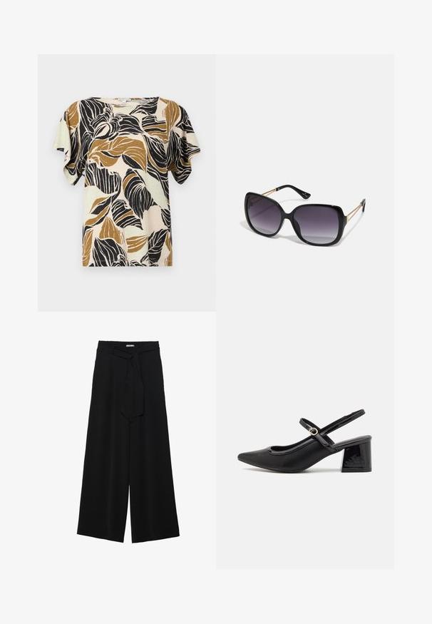 Blúzka s krátkym rukávom v béžovej farbe, s potlačou listov v čiernej a odtieňoch hnedej. Mäkký materiál s voľným strihom a okrúhlym výstrihom.; Čierne široké nohavice s textúrovanou tkaninou, elastickým pásom a odnímateľným viazaním na páse pre nastaviteľné priliehanie.; Čierne lakované kožené lodičky so slingback dizajnom, špicatou špičkou, zaobleným výrezom a blokovým podpätkom. Obsahuje akcent zlatého tónu s prackou.; Čierne oversized slnečné okuliare s gradientovými sklíčkami, hrubými rámami a zlatým retiazkovým detailom na stranách.; Hnedá semišová taška cez rameno s jemnou textúrou, otvoreným vrchom a jedným ramenným popruhom. Disponuje hladkým povrchom a minimálnym detailovaním.