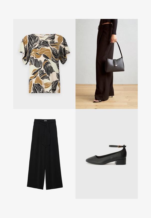 Korte mouwen blouse in beige, met een bladerenprint in zwart en tinten bruin. Zachte stof met een ontspannen pasvorm en ronde hals.; Zwarte wijde broek van textuurstof, met een elastische tailleband en een afneembare sjaalstrik in de taille voor een verstelbare pasvorm.; Zwarte leren pump met een spitse neus en een lage blokhak. Beschikt over een enkelband met een goudkleurige gespsluiting. Gladde textuur.; Zwarte handtas met gestructureerde vorm, gladde textuur en een metalen sluiting. Gecombineerd met brede zwarte broeken en sandalen met open teen op een houten vloer.
