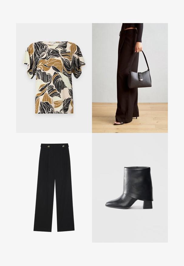 Kurzärmlige Bluse in Beige mit einem Blattdruck in Schwarz und Brauntönen. Weicher Stoff mit lockerem Schnitt und rundem Halsausschnitt.; Schwarze weite Hosen mit hoher Taille, Knopfdetails am Bund und vorderen Falten.; Schwarze Lederstiefelette mit spitzer Zehenform, glatter Oberfläche und strukturiertem Blockabsatz. Mit einem hohen, gefalteten Schaftdesign.; Schwarze Handtasche mit strukturierter Form, glatter Textur und einem metallischen Verschluss. Kombiniert mit weiten schwarzen Hosen und offenen Sandalen auf einem Holzboden.