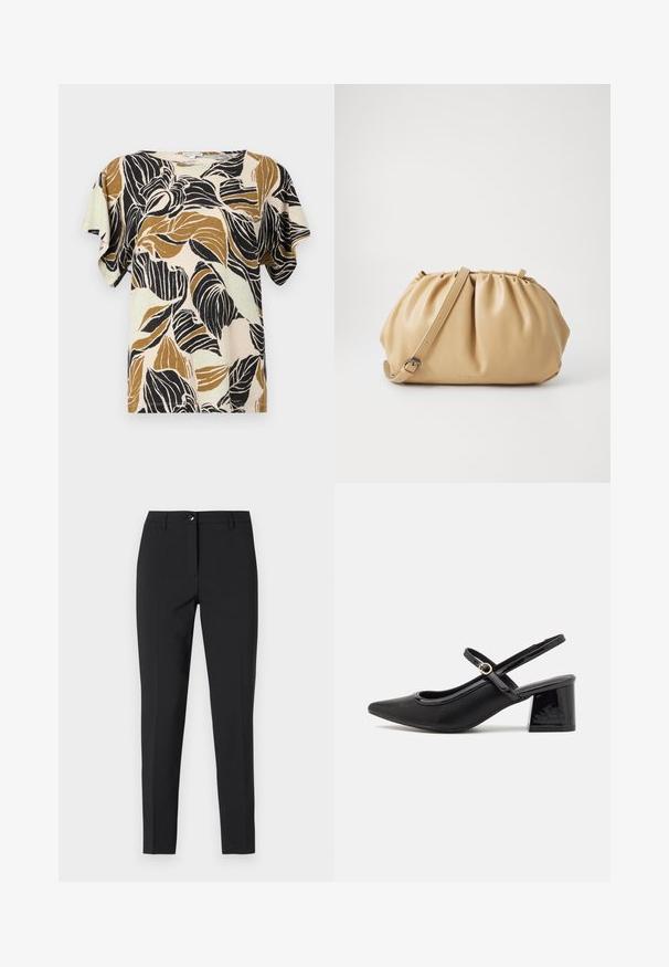 Halenka s krátkým rukávem v béžové barvě, zdobená potiskem listů v černé a hnědých odstínech. Měkká látka, volný střih a kulatý výstřih.; Černé upnuté kalhoty z hladkého materiálu, s klasickým pasem, předním zipem a bočními kapsami, s elegantním, přiléhavým designem.; Černé lakované lodičky s otevřenou patou, špičatou špičkou, zaobleným střihem a blokovým podpatkem. Zdobené akcentem v zlatém tónu.; Kožená taška v tan barvě s plisovaným designem, nastavitelným popruhem a zaobleným tvarem. Minimalistické logo na přední straně.