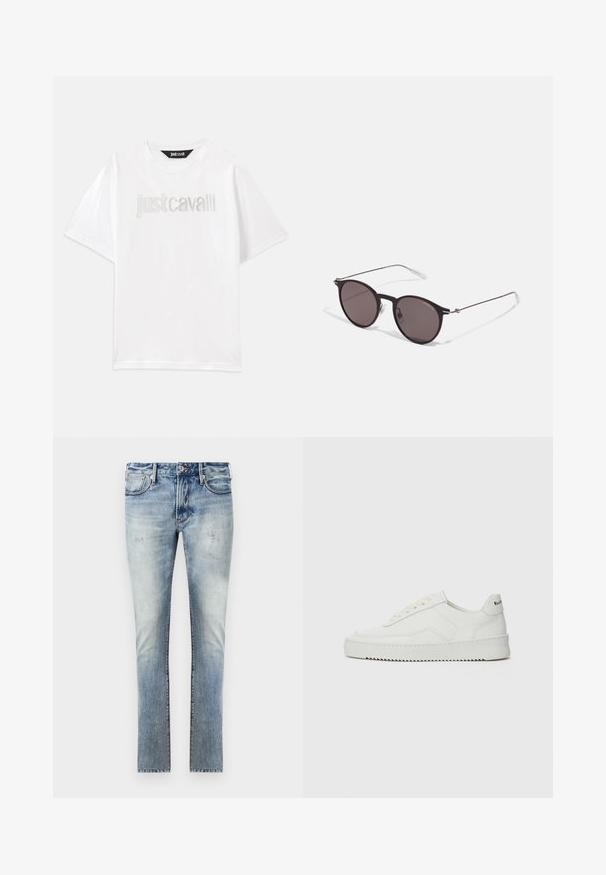 Balta medvilninė marškinėliai trumpomis rankovėmis ir laisvu pjūviu. Priekyje krūtinės srityje sidabru išsiuvinėtas tekstas "Just Cavalli".; Šviesiai mėlyni džinsai su nuvalytu paviršiumi, aptemptas fasonas, penki kišenės ir kontrastingos siūlės.; Balti odiniai sportiniai bateliai su lygia apdaila, apvaliu pirštu, plokščiais raišteliais ir tekstūruotu padu. Pasižymi subtiliu logotipu ant kulno.; Juodos apvalios saulės akinių su tamsiais lęšiais ir plonomis metalinėmis šakomis. Įtraukti skaidrūs šventyklų galai ir sidabriniai akcentai vyrio srityje. Minimalistinis dizainas.