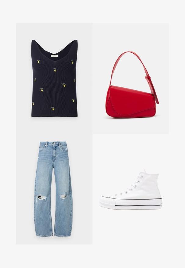 Sötétkék bordázott ujjatlan felső mély V-nyakkal, sárga hímezett citrommintákkal szétszórva az anyagon.; Világoskék, magas derekú farmernadrág. Széles lábakkal, két szakadt térddel és klasszikus öt zsebes dizájnnal rendelkezik.; Fehér magaskorsó vászon sportcipő fekete gumi talppal, elülső gumi orrnyereggel és hat fűzőlyukkal, letisztult, minimalista dizájnnal.; Piros bőr kézitáska szögletes, geometrikus kialakítással. Egy állítható pánttal és varrott részletekkel ellátott fedélzárral rendelkezik.