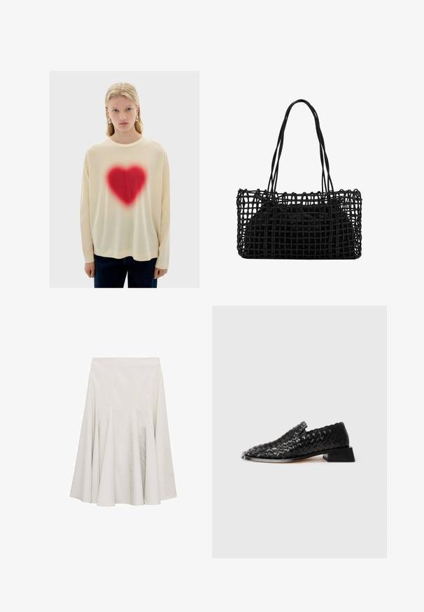 Cremfarbene Langarmbluse mit einem großen roten Herz-Graphic in der Mitte, mit weichem Material und lässigem Schnitt, kombiniert mit dunklen Jeans.; Hellbeige ausgestellte Rock aus glattem Stoff, mit Falten für Volumen und einem einfachen, ungeschmückten Design.; Schwarzer, geflochtener Leder-Slipper mit niedrigem Blockabsatz und gewelltem Rand, auf weißem Hintergrund präsentiert.; Schwarze geflochtene Handtasche mit einem offenen Netzdesign und zwei langen Griffen. Verfügt über eine solide schwarze Innentasche zur Aufbewahrung.