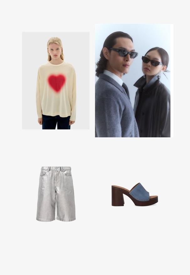 Crème kleurige longsleeve shirt met een grote, rode hartgraphic in het midden, gekenmerkt door een zachte textuur en een ontspannen fit, gecombineerd met donkere denim broek.; Metalen zilveren denim shorts met een losse pasvorm, voorzien van vijf zakken, riemlussen en een omgeslagen zoom. Soepele textuur met een reflecterende afwerking.; Blauwe leren slidersandalen met een brede band en een gestapelde bruine blokhak, met zichtbare stiksels langs de randen.; Zonnebril met hoekige zwarte frames op een model in een grijs sweater, waarin een gestructureerde brei te zien is, en een zwart leren jack gedragen door een ander model.; Gevoerd tasje in donker navy, gemaakt van glanzend materiaal, met een gladde textuur en subtiele branding aan de voorkant. Compact en veelzijdig ontwerp.