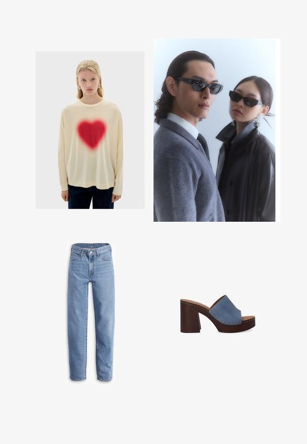 Cremfarbene Langarmbluse mit einem großen roten Herz-Graphic in der Mitte, mit weichem Material und lässigem Schnitt, kombiniert mit dunklen Jeans.; Helle blaue Jeans aus Denim, mit entspannter Passform, geradem Bein, Fünf-Taschen-Design und ausgefransten Säumen für einen lässigen Look.; Blaue Leder-Sandalen mit breitem Riemen und einem gestapelten braunen Blockabsatz, der sichtbare Nähte entlang der Kanten aufweist.; Sonnenbrille mit eckigen schwarzen Rahmen, getragen von einem Modell mit einem grauen Pullover, der ein strukturiertes Strickmuster zeigt, sowie einer schwarzen Lederjacke, die von einem anderen Modell getragen wird.; Reißverschlussbeutel in Dunkelblau, aus glänzendem Material, mit einer glatten Textur und dezentem Branding auf der Vorderseite. Kompakte und vielseitige Gestaltung.