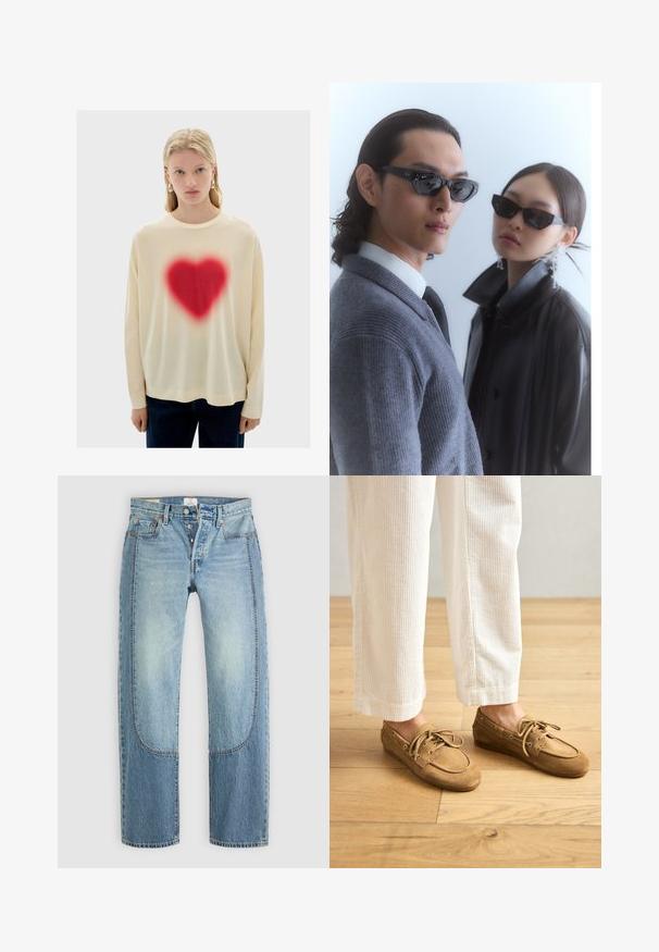 Cream long-sleeve shirt with a large, red heart graphic in the center, featuring a soft texture and relaxed fit, paired with dark denim pants.; Light blue denim jeans with a straight, loose fit, featuring contrasting panel details and a five-pocket design. Button fly closure.; Brown suede boat shoes with laces, featuring a rounded toe and stitched accents. Worn with white corduroy pants in a wooden setting.; Sunglasses with angular black frames on model with a gray sweater, showcasing textured knit and a black leather jacket worn by another model.; Zippered pouch in dark navy, made of glossy material, with a smooth texture and subtle branding on the front. Compact and versatile design.