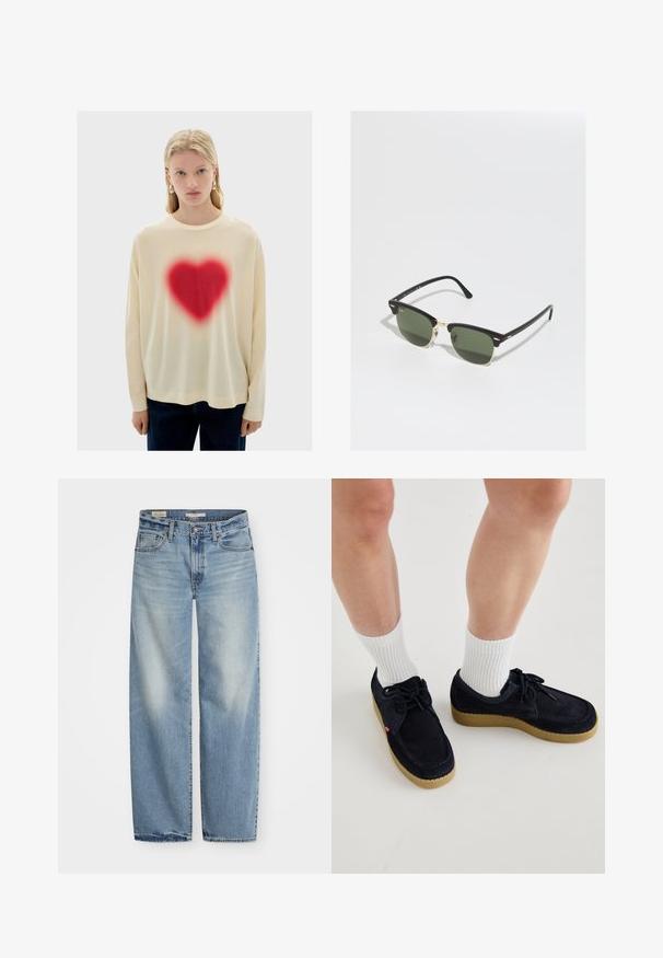 Chemise crème à manches longues avec un grand graphique en forme de cœur rouge au centre, présentant une texture douce et une coupe décontractée, associée à un pantalon en denim foncé.; Jeans large en denim bleu clair. Comprend un bouton et une fermeture éclair, cinq poches, et une finition délavée avec un ourlet légèrement usé.; Chaussures en daim bleu marine avec un bout rond, un laçage, et une semelle en caoutchouc couleur crème. Assorties avec des chaussettes blanches à côtes.; Lunettes noires et dorées avec des verres verts, arborant une forme œil de chat, des accents métalliques et une monture texturée.