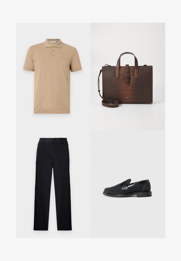 Beige polotröja med treknapps knappslå, kortärmad och broderad logotyp på bröstet. Tillverkad av mjuk bomullstyg.; Svarta byxor med lätt, texturerad tyg, rak benmodell, elastisk midja och sidofickor med dragkedja.; Svart vävd slip-on sko med en slät läderdetalj på ovansidan, med rund tådesign och en låg gummisula.; Brun kloakdjursprents läderhandväska med topphandtag och en avtagbar axelrem. Har en spänne stängning och rektangulär form.