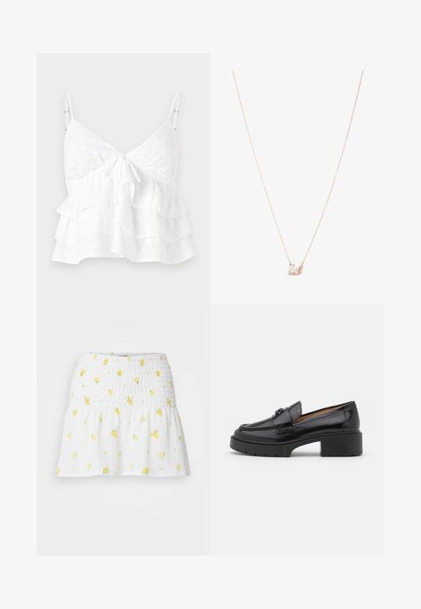 Baltos be rankovių palaidinės su V formos kaklo iškirpte, priekyje surišama detale ir sluoksniuotomis volanais su akių siuvinėjimu visame paviršiuje.; Šviesiai mėlyna bluzonė, pagaminta iš blizgaus audinio, su klasikiniais apykaklėmis, užsegimu mygtukais, pūstomis rankovėmis ir daugiapakopiu, volanguotais kraštais.; Balta sijonas su sušukuota tekstūra ir geltonu gėlių raštu. Apačia yra platėjanti, sukurianti laisvą siluetą.; Juodas odinis loaferis su žemu blokiniu kulnu, apvalia nosimi, dekoratyviu dirželiu ir tekstūruotu siuvimo detalėmis viršuje. Lygus paviršius.; Rožinio aukso kaklo vėrinys su gulbės pakabuku, puoštas skaidriais kristalais. Grandinėlė pasižymi subtiliu akmens dizainu.