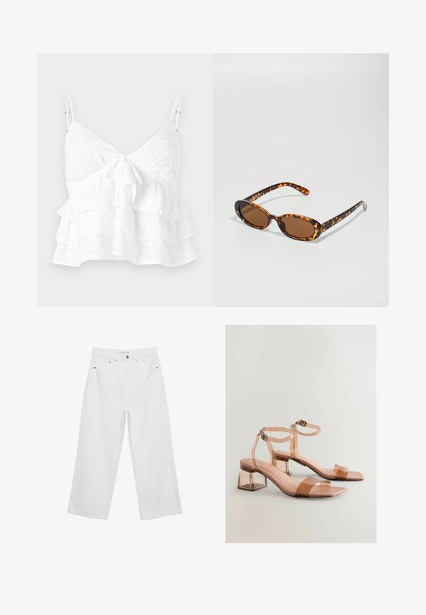 Weißes ärmelloses Oberteil mit V-Ausschnitt, vorderem Knoten-Detail und schichteten Rüschen mit durchgehender Lochstickerei.; Weiße Jeans im weit geschnittenen Design aus Denim mit hoher Taille, ausgestattet mit fünf Taschen und Metallbeschlägen. Glatte Textur, keine sichtbaren Muster.; Transparente Sandalen mit Blockabsatz und nude-farbenen Riemen, quadratische Zehenpartie und verstellbare Knöchelriemen; glatte Textur und glänzende Oberfläche.; Schildpatt-Sonnenbrille mit ovalen Rahmen, braunen Gläsern und schlanken schwarzen Bügeln mit subtilen Musterakzenten.; ONLY ONLFLORENCE CROSSBODY BAG - Umhängetasche - blue denim/gold