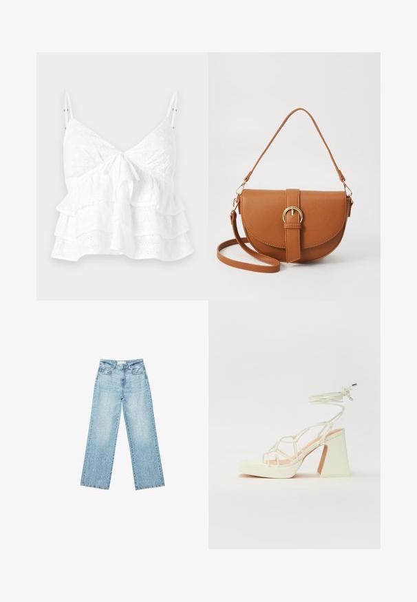 Bijela bezrukavna majica s V-izrezom, detaljem vezanja sprijeda i slojevitim volanima s vezom u obliku oka.; Svijetloplave široke traperice s visokim strukom, s izbljeđenim pranjem i malim, raštrkanim oštećenjima na cijeloj površini.; Bijela sandala na visokoj potpetici s debelim petom, s remenom i vezanjem oko gležnja. Glatka tekstura s platformom sprijeda za dodatnu visinu.; Smeđa kožna torba preko tijela s zakrivljenim oblikom, zlatnim metalnim detaljima i naglaskom na kopču. Ima odvojivu naramenicu.