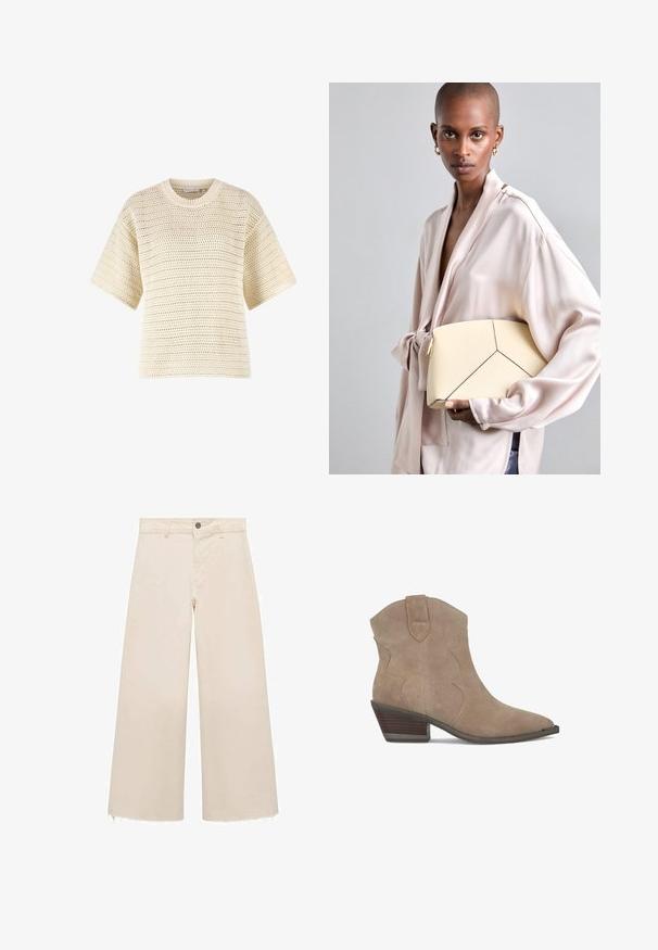 Hellbeige gestrickter Pullover mit lockerer Passform, kurzen Ärmeln, rundem Ausschnitt und offenem Gewebe mit horizontalem Streifenmuster.; Weit geschnittene Hose aus leichtem beigen Baumwollstoff mit Knopfverschluss, dezent fransigem Saum und lockerem Schnitt.; Beige Wildleder-Ankle Boots mit spitzem Zehenbereich, geschwungenen Nahtdetails und einem gestapelten Absatz. Mit einem Zugtab für einfaches Anziehen.; Helle Handtasche mit strukturierter Form und kontrastierenden schwarzen Nähten, die ein geometrisches Design aufweist. Glatte Textur mit goldenen Hardware-Akzenten.