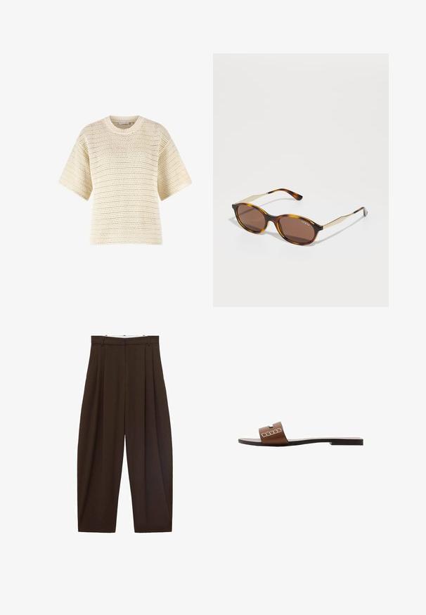 Light beige knit sweater, featuring a loose fit, short sleeves, round neckline, and open weave texture with horizontal stripe pattern.; Brown high-waisted trousers with pleats, made of smooth fabric. Loose fit, straight leg design, featuring belt loops and a zip fly.; Brown leather slide sandal with a flat sole, featuring a wide strap and white geometric accents for minimalistic design.; Tortoiseshell sunglasses with rounded, dark brown lenses. Features gold accents on the temples and a glossy finish. Brand name visible on frame.; Tory Burch ROMY PEBBLED SATCHEL - Handbag - tiramisu