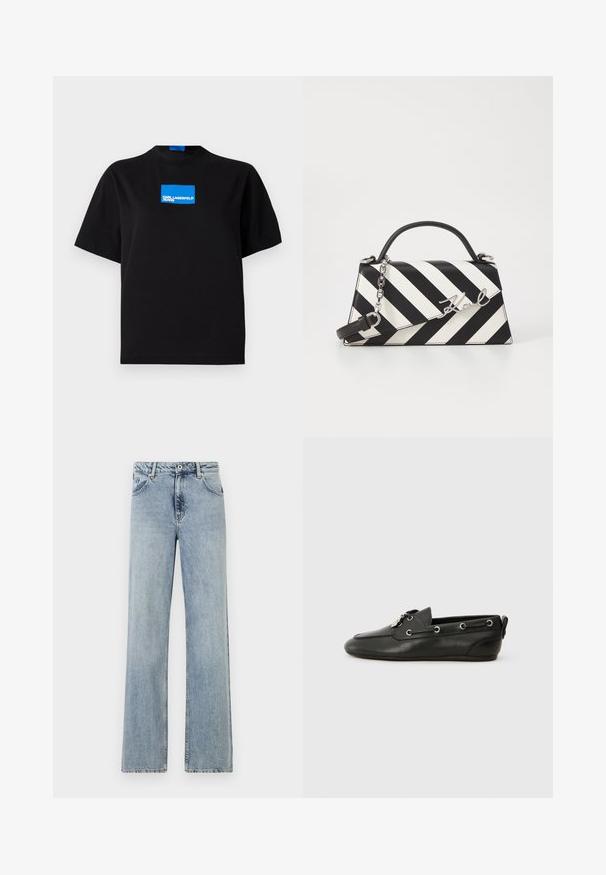 Crna pamučna majica s okruglim izrezom, koja na prednjoj strani ima plavi pravokutni grafički logo s natpisom "KARL LAGERFELD JEANS".; Svijetloplave, široke traperice od denima. Imaju zatvaranje na gumbe i patentni zatvarač, prednje džepove i suptilno izblijedjenje. Čisti rubovi.; Crne kožne brodske cipele s zaobljenim vrhom, vezanjem sprijeda, metalnim očicama i ravnim potplatima. Imaju mali ekscentar straga.; Crno-bijela prugasta torba s čvrstim oblikom, koja ima ručku na vrhu, odvojivu lančanu naramenicu i metalni logo akcent.