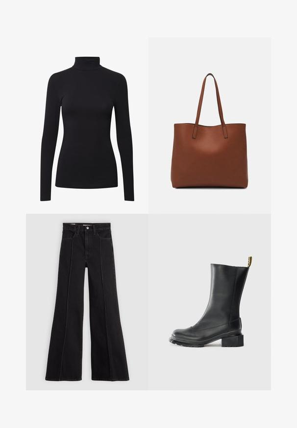 Maglietta a maniche lunghe nera con collo a lupetto, realizzata in un tessuto morbido e stretch, con un design aderente e una costruzione senza cuciture per un aspetto uniforme.; Jeans neri a vita alta e gamba larga con dettagli sulle cuciture anteriori, chiusura con bottone, passanti per cintura e tasche frontali, su uno sfondo chiaro e neutro.; Stivale alla caviglia in pelle nera con tacco a blocco, texture liscia, punta rotonda e linguetta sul tallone con branding giallo.; Borsa tote in pelle marrone con texture liscia, design con apertura superiore e due spallacci. Presenta cuciture minime e nessun hardware visibile.