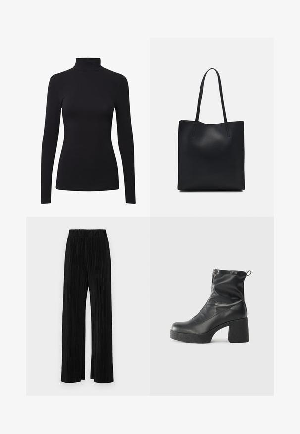 Schwarzes langärmeliges Turtleneck-Shirt aus weichem, elastischem Material mit einer figurbetonten Passform und nahtlosem Design für ein glattes Erscheinungsbild.; Schwarze plissierte Hose mit elastischem Bund. Verfügt über weite Hosenbeine und einen glatten, strukturierten Stoff mit vertikalen Streifen.; Schwarze Stiefeletten aus glattem Leder mit seitlichem Reißverschluss, klobigem strukturiertem Absatz und runder Zehenform.; Schwarze Laptoptasche aus Leder mit glatter Textur, rechteckiger Form und zwei langen Griffen. Keine sichtbaren Beschläge oder Verzierungen.