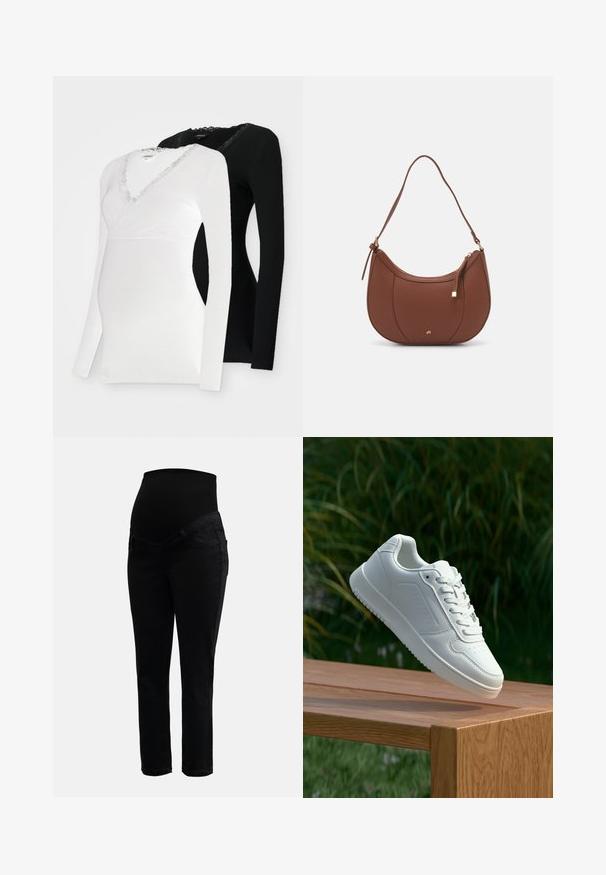 Du trumpos rankovės nėščiųjų palaidinės: viena balta su nėrinių apvadu V formos iškirpėje ir viena juoda. Abi yra pagamintos iš minkštos, tamprios medžiagos.; Juodos nėštuminės džinsinės kelnės su tampriu aukštu juosmeniu ir siaurais keliais, sukurtos komfortui ir palaikymui nėštumo metu.; Balti sneakeriai su lygia sintetine viršutine dalimi, perforuota pirštų zona, plokščiomis raištelėmis ir tekstūruotu padu, padėti ant medinės paviršiaus.; Ruda dirbtinės odos petinė piniginė su kreiva forma, minimalia siuvimo linija ir auksinės spalvos įranga. Yra užtrauktuko uždarymas viršuje ir reguliuojama petneša.