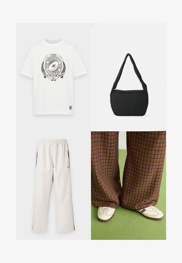 T-shirt de algodão branco com gola redonda e mangas curtas. Apresenta um design gráfico preto que inclui uma bola de rugby e texto.; Calças de desporto de cor bege claro com cintura elástica, bolsos laterais, riscas pretas nas laterais e um logótipo da Adidas na coxa esquerda. Textura do tecido suave.; Calças largas em padrão xadrez castanho e azul, combinadas com sapatos brancos com detalhes pretos e solas texturizadas, contra um fundo verde.; Saco preto de ombro com uma textura almofadada, uma forma arredondada e uma alça larga, apresentando um logótipo em relevo na parte da frente.