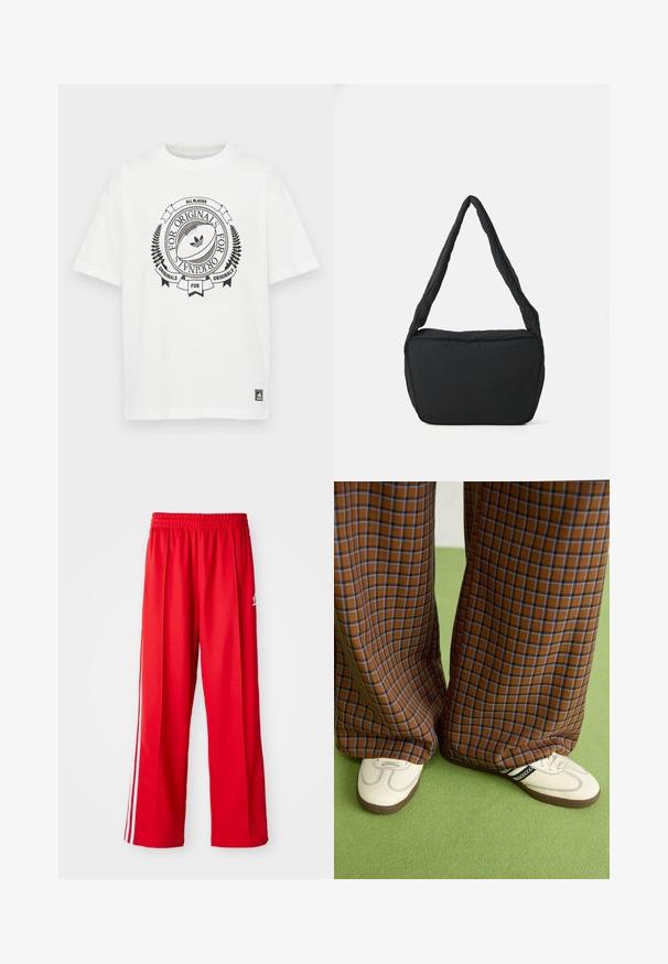 White cotton t-shirt with a round neckline and short sleeves. Features a black graphic design including a rugby ball and text.; Red athletic pants made of lightweight fabric, featuring an elastic waistband, two white side stripes, and a small logo on the hip.; Brown and blue plaid wide-leg trousers paired with white shoes featuring black accents and textured soles, set against a green background.; Black shoulder bag with a padded texture, a rounded shape, and a wide strap, featuring an embossed logo on the front.