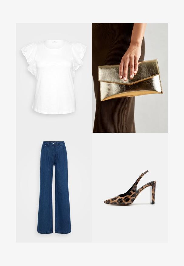 Biela blúzka s nariasenými rukávmi a dekoratívnou vyšívkou s očkami, s okrúhlym výstrihom. Minimalistický dizajn na šedom pozadí.; Široké modré denimové džínsy s vysokým pásom, predným zapínaním na gombík a zips a prednými a zadnými vreckami na jednofarebnom pozadí.; Lodičky so slingback v leopardom vzore s ostrou špičkou a priehľadným blokovým podpätkom. Vyrobené z lesklého materiálu s hladkou textúrou.; Zlatá metalická kabelka cez plece s hladkým povrchom, ktorá má trojuholníkové uzavretie. Ruka ju drží a má starostlivo upravené nechty.; Strieborná kruhová náušnica s lesklým povrchom, obsahujúca malé zlaté akcenty a okrúhly tvar, nosená na lalôčiku ucha.