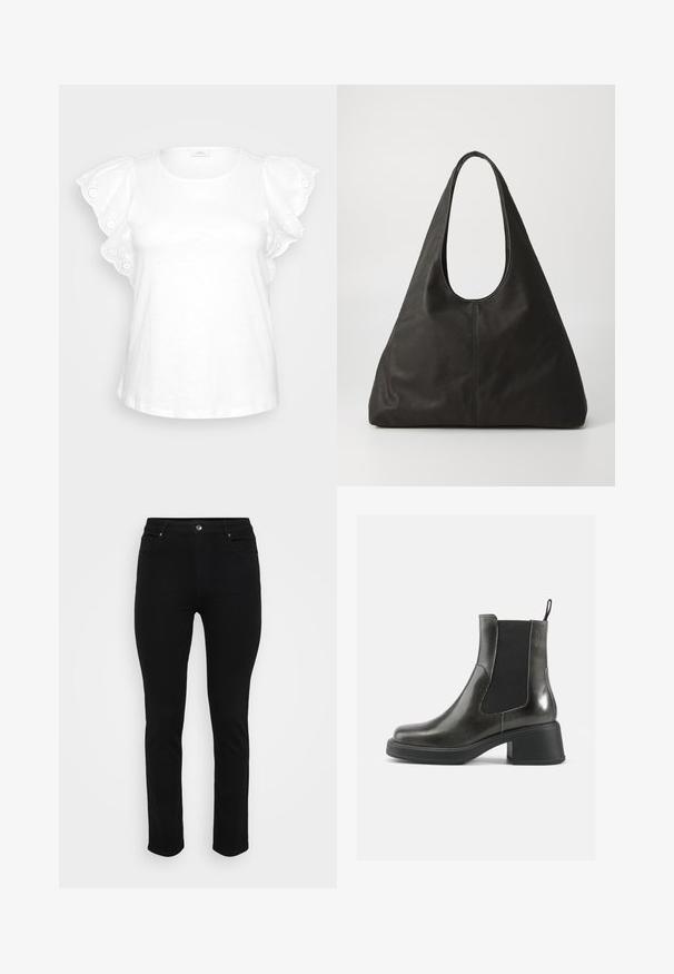 Witte blouse met opstaande mouwen en decoratieve oogjesborduursels, met een ronde halslijn. Minimalistisch ontwerp op een grijze achtergrond.; Zwarte denim jeans met een slim fit, vijf-pocket ontwerp, voorste knoopsluiting en lichte stretch voor comfort. Plat, gladde textuur met minimale details.; Zwarte leren enkellaarzen met een gladde afwerking, elastische zijpanelen en een zware hak. Voorzien van een lus voor gemakkelijker aan- en uittrekken.; Zwarte leren tote bag met een gebogen handvat, langwerpige driehoekige vorm en een zachte textuur. Kenmerkt zich door een minimalistisch ontwerp zonder zichtbare hardware.; Zilveren metalen oorbellen met een golvend, sculpturaal ontwerp, voorzien van een gepolijste afwerking en onregelmatige vormen, die een hedendaagse esthetiek benadrukken.