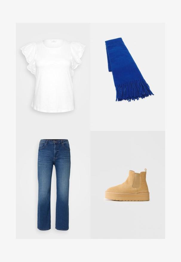 White blouse featuring puffed sleeves with decorative eyelet embroidery and a round neckline. Minimalistic design on a gray background.; Dark blue denim jeans with a straight-leg design, five-pocket styling, and a button and zipper fly. Smooth texture with minimal fading.; Tan suede ankle boot with thick sole, elastic side panels, and pull tab, shown from the outer side on a plain background.; Blue woven scarf with fringed ends, smooth texture, rectangular shape, and uniform color throughout. Suitable for cold weather.; Woven straw handbag with a curved silhouette, featuring a smooth black leather strap and a matching small pouch attached by a wrist strap.