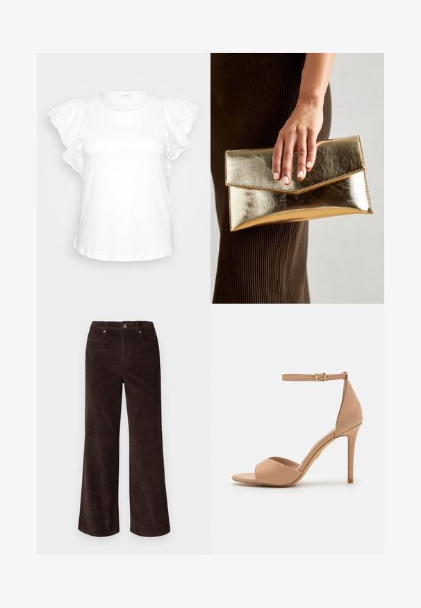 Weiße Bluse mit Puffärmeln, verziert mit dekorativer Lochstickerei und rundem Ausschnitt. Minimalistisches Design auf grauem Hintergrund.; Vero Moda Petite VMTESSA PANTS - Stoffhose - chocolate torte; ALDO CRERIDE PILLOW WALK - Riemensandalette - beige; Goldfarbene metallische Clutch mit einer glatten Textur und einem dreieckigen Klappenverschluss. Die Hand, die sie hält, hat ordentlich manikürte Nägel.; Goldene Creolen mit einer glatten, glänzenden Oberfläche. Zirkuläres Design mit einem kleinen Stecker und einer klaren Rückseite für einen sicheren Sitz.
