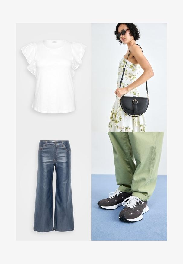 Witte blouse met opstaande mouwen en decoratieve oogjesborduursels, met een ronde halslijn. Minimalistisch ontwerp op een grijze achtergrond.; Wijdvallende denimbroek in donkerblauw, met een gladde textuur, vijfzakdesign en contrasterende stiksels. Voorzien van een knoop- en ritssluiting.; Donkergrijze sneakers met witte veters en bloemaccenten, met een dikke witte zool en een textuur materiaal. Draag je met lichtgroene broek.; Zwarte leren handtas met een gebogen vorm, afneembare schouderband en gouden hardware. De tas heeft een klep met een gespsluiting.