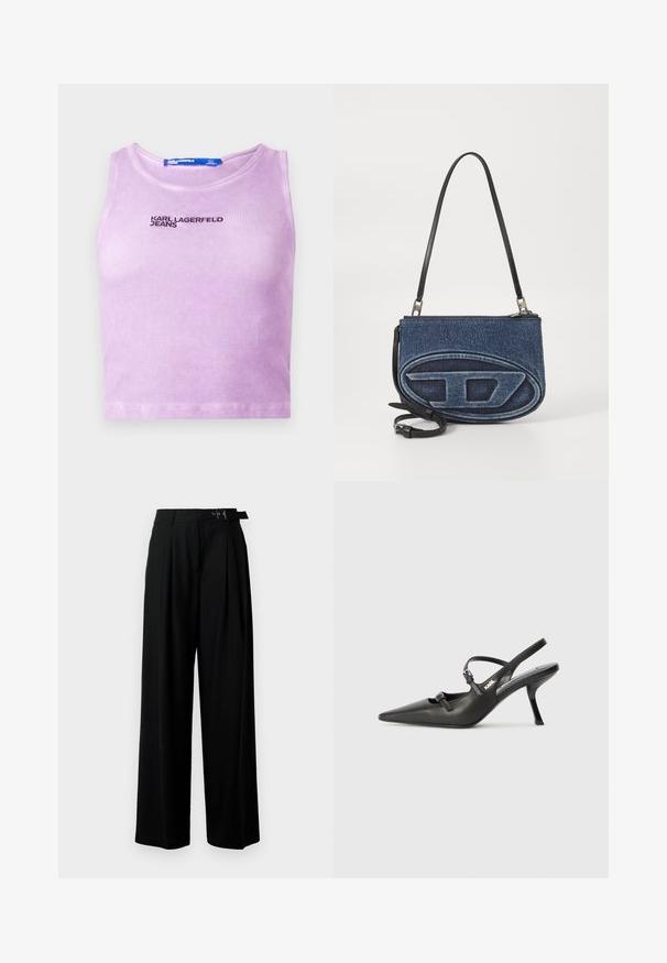 Levendulalila bordázott rövidített ujjú top kerek nyakkivágással, a mellrészen sötét cérnával hímzett "KARL LAGERFELD JEANS" felirattal.; Fekete, bő szárú nadrág magas derékkal, elöl pliszírozva, és csattal ellátott övvel. Simább, könnyű anyagból készült.; Fekete bőrszíjjal ellátott magassarkú cipő, hegyes orral, karcsú sarkával és díszes csattal a vamp részén. Simás textúra és elegáns dizájn.; Farmer anyagú keresztpántos táska fekete bőrszíjjal, ovális logóval az elején és cipzáros záródással a tetején. Texturált felület.
