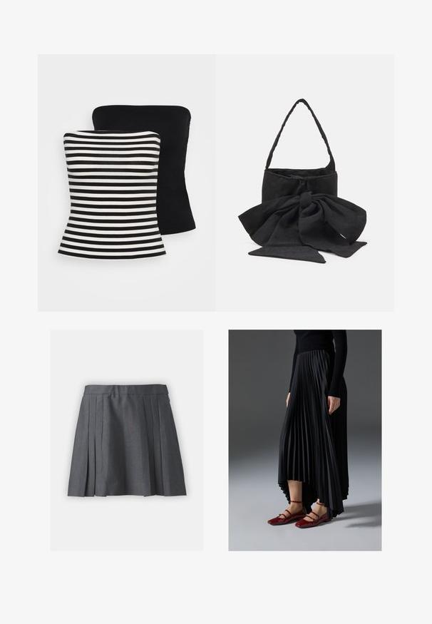 Dois tops sem alças: um preto e outro com riscas horizontais pretas e brancas. Ambos são ajustados com uma textura suave e uma bainha curvada.; Saia cinza plissada feita de tecido texturizado, com uma cinta e fecho oculto. Apresenta pregas espaçadas uniformemente para um visual estruturado.; Saia preta plissada com bainha assimétrica, combinada com sapatilhas vermelhas brilhantes com um design de tiras. O tecido tem uma textura suave.; Bolsa de tecido preto com um laço amarrado como destaque, forma arredondada, superfície texturizada com pequenos padrões e uma única alça fina.