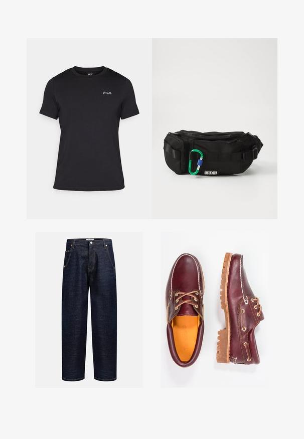 Čierne tričko s krátkym rukávom vyrobené z bavlny, s rebrovaným okrúhlym výstrihom a malým šedým logom FILA na ľavej hrudi.; Tmavé džínsy s rovnými nohavicami, ktoré majú päť vreciek, medené nitky a kontrastný šev.; Bordové kožené topánky s hnedými gumovými podrážkami, okrúhlou špičkou, bielym prešívaním a zlatými kovaniami. Interiér má žlté podšívku.; Čierna nylonová pásková taška so zapínaním na zips, nastaviteľným popruhom a pripevneným zeleným a modrým karabínom na prednej strane.