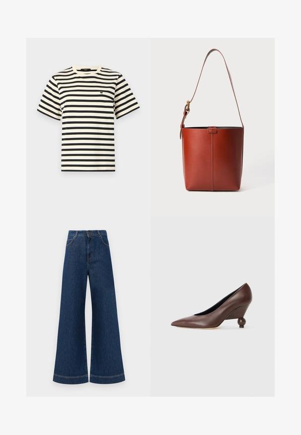 Camiseta de rayas con franjas horizontales negras y crema, cuello redondo, mangas cortas y un pequeño logo en el pecho.; Jeans de mezclilla azul de pierna ancha con una cintura alta, que cuentan con un cierre de botón, pasadores para cinturón y detalles de costura sutil a lo largo de los bolsillos y los dobladillos.; Zapato de cuña de piel marrón con punta afilada y tacón redondeado en forma de bola. Textura suave con un diseño sencillo y acentos mínimos.; Bolso de cuero marrón tipo cubo con correa para el hombro ajustable y hebilla dorada, con un simple detalle de costura vertical en la parte frontal.