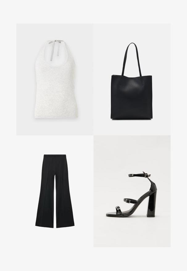 Vaaleanharmaa narureppu, joka on valmistettu pehmeästä kankaasta, jossa on pyöreä pääntie ja nauha selässä. Repussa on hienovarainen tekstuuri.; Mustat leveälahkeiset housut, joissa on sileä pinta, etupuolella laskokset ja muotolaskettu malli. Kangas on kevyttä ja laskeutuvaa.; Musta kiiltävä korkokenkä sandaalit neliönmuotoisella varpaalla, nilkkaremmillä ja hopeisilla soljilla. Varustettu tukevalla lohkokorkealla vakauden takaamiseksi.; Mustapahkainen kangaskassi, jossa on sileä pinta, suorakaiteen muotoinen ja kaksi pitkää kahvaa. Ei näkyvää metalliosaa tai koristeita.