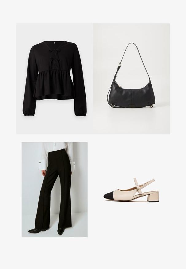 Černý top s dlouhými rukávy, véčkovým výstřihem, předním zavázáním a rozšířeným pasem. Vyrobený z měkkého materiálu s uvolněným střihem.; Černé kalhoty s vysokým pasem a rozšířenými nohavicemi, s vertikálním švem, vyrobené z texturované tkaniny, v kombinaci s bílou košilí s dlouhým rukávem.; Beige kožené slingback boty s černou špičkou, čtveratým podpatkem a nastavitelným páskem kolem kotníku. Hladká textura a minimalistický design.; Černá kožená kabelka přes rameno s texturovaným povrchem, zakřiveným tvarem, nastavitelným popruhem a zlatými kovovými detaily. Logo na přední straně.