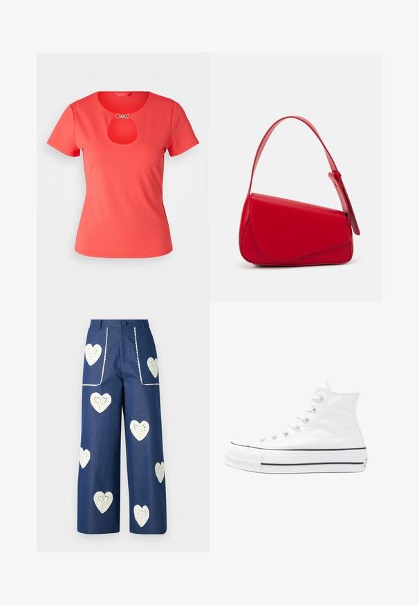 Koralline lühikese varrukaga T-särk ümmarguse kaelusega ja võtmeaugu detailiga rinnas, valmistatud siledast kangast. Rikkalikult kaunistatud hõbedaste detailidega.; Sister Jane HEART TO HEART - Sirgete säärtega teksad - blue denim; Valge kõrgem kangast tenniseking, millel on must kummist tald, ees kummist varvasetugi ja kuus aukku paelte jaoks, pakkudes puhta ja minimalistliku disaini.; Punane nahast käekott, millel on nurkadega geomeetriline disain. Omab ühte reguleeritavat rihma ja klappidega sulgemist, millel on õmblustega kaunistused.