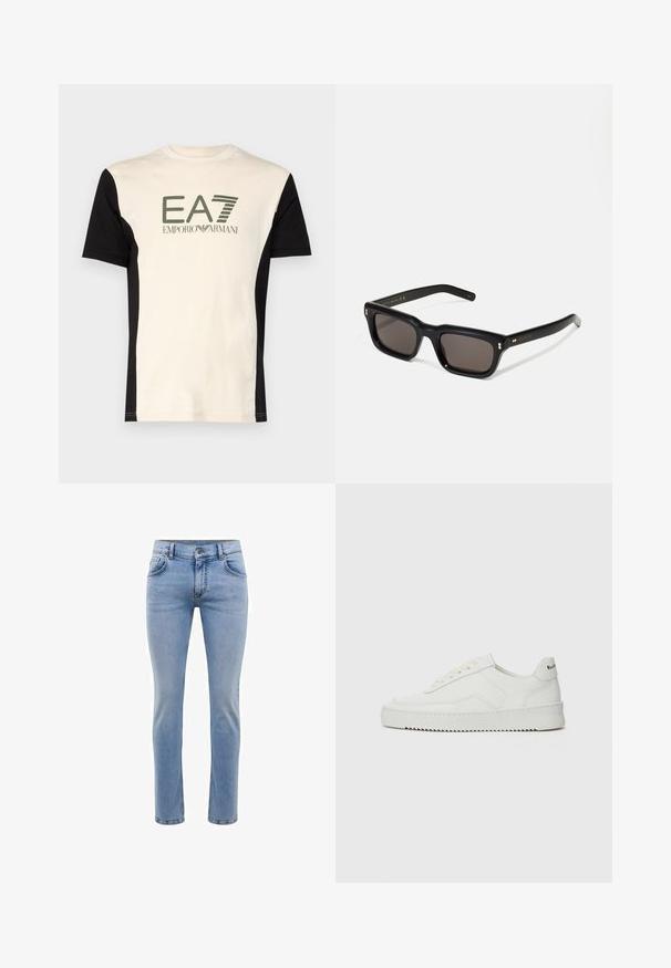 EA7 Emporio Armani Apdrukāts T-krekls - whitecap gray; Gai zila denima bikses ar šauru piegriezumu, piecām kabatām un taisnu kāju dizainu. Iekļautas rāvējslēdzēju aizdare un jostas cilpas. Mīksta tekstūra.; Baltas ādas sneakers ar gludu virsmu, apaļu pirkstu daļu, plakaniem šņorēm un teksturētu zoli. Satur diskrētu logotipu uz papēža.; Melnas taisnstūra formas saulesbrilles ar tumšiem stikliem, bieza plastmasas rāmja, zelta akcenti pie tempļiem un zīmola logo iegravēts roku daļā.
