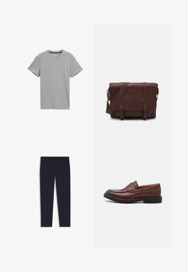 Gray short-sleeve t-shirt made of soft fabric, featuring a classic crew neckline and straight hem without patterns or embellishments.; Navy trousers with a tailored fit, featuring two front pockets, a flat front design, and a smooth texture. No visible patterns or embellishments.; Brown leather loafers with a rounded toe, decorative stitching, and a black rubber sole. Smooth texture and minimal design details.; Brown leather messenger bag with a flat front flap, two straps, gold hardware accents, and an adjustable shoulder strap.