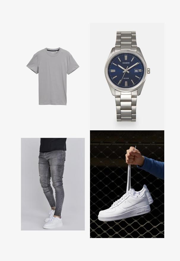Hallitatud lühikeste varrukatega hall T-särk, mis on valmistatud pehmest kangast. Särgil on klassikaline ümar kaelus ja sirge serv, ilma mustrite või kaunistusteta.; Kitsad teksad tuhmhall denimil, millel on kulunud detailid põlvedes, koos valgete tossudega. Sile tekstuur, kitsas lõige.; Valged nahast tennisetossud, millel on perforatsioonid, ümar nina, lame tallus ja paksud nöörid, nähtava swooshi logoga ja "AIR" kontsadel.; Hõbedane roostevabast terasest käekell, tumesinise lõpliku, metallsete tuntud numbrite ja kuupäevanäidikuga kell 3 juures. Veekindel kuni 50 meetrit.
