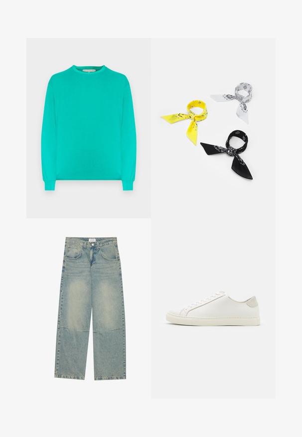 Cămașă cu mâneci lungi, de culoare turcoaz deschis, realizată dintr-un material moale. Are un decolteu rotund și manșete strânse. Design simplu, fără accesorii.; Blugi largi de culoare albastru deschis, fabricați din denim, având două buzunare frontale, sistem de închidere cu nasture și un aspect decolorat cu cusături vizibile.; Tenisii albi din piele cu o suprafață netedă, vârf rotund și un design minimalist. Prezintă accente bej pe toc și o talpă din cauciuc.; Trei batiste: una galbenă cu motive negre, una albă cu desene negre și una neagră cu grafică albă. Toate sunt pătrate, dintr-un material ușor.
