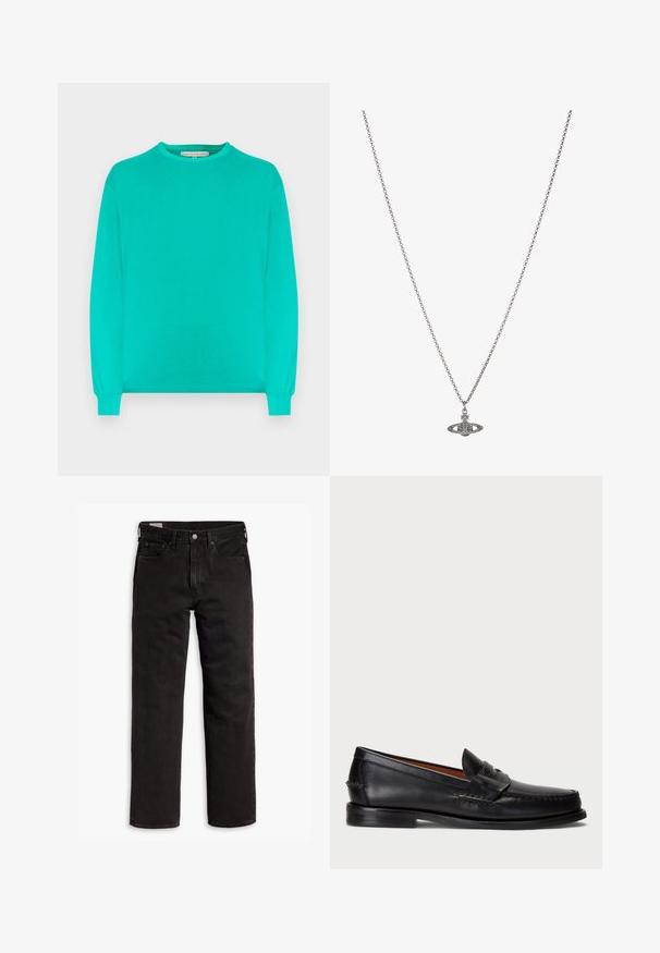 Camicia a maniche lunghe in turchese brillante, realizzata in tessuto morbido. Presenta una scollatura rotonda e polsini aderenti. Design semplice e senza ornamenti.; Jeans in denim neri a gamba dritta con cinque tasche, chiusura a bottone e passanti per cintura, adagiati su uno sfondo bianco.; Mocassino in pelle nera con punta arrotondata, dettagli cuciti e una fascia decorativa sul davanti. Suola piatta con profilo minimal.; Collana in argento con un pendente dettagliato a forma di pianeta, adornato con piccole decorazioni e motivi intricati.