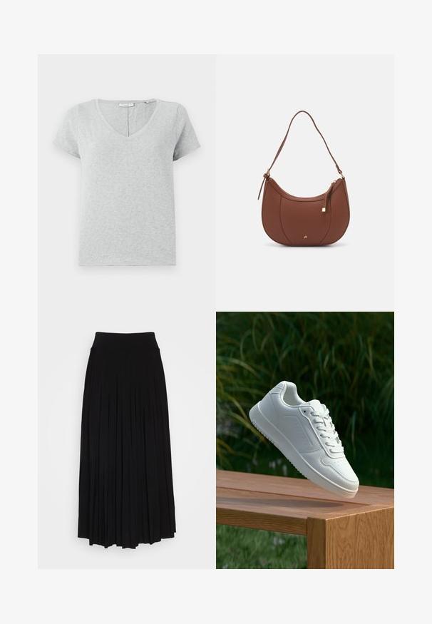 Šedé tričko s krátkym rukávom vyrobené z mäkkej tkaniny s výstrihom do V a voľným strihom. Obsahuje jemnú textúru a jednoduchý dizajn.; Čierna plisovaná sukňa s vysokým, elastickým pásom. Vyrobená z mäkkej látky, pričom má vertikálne plisovanie pre plynulý siluetu.; Biele tenisky s hladkým syntetickým zvrškom, perforovanou špičkou, plochými šnúrkami a textúrovanou podrážkou, vystavené na drevenej ploche.; Hnedá umelá kožená taška cez rameno s zakriveným tvarom, minimalistickým šitím a zlatými akcentami. Obsahuje zips na vrchu a nastaviteľný popruh.