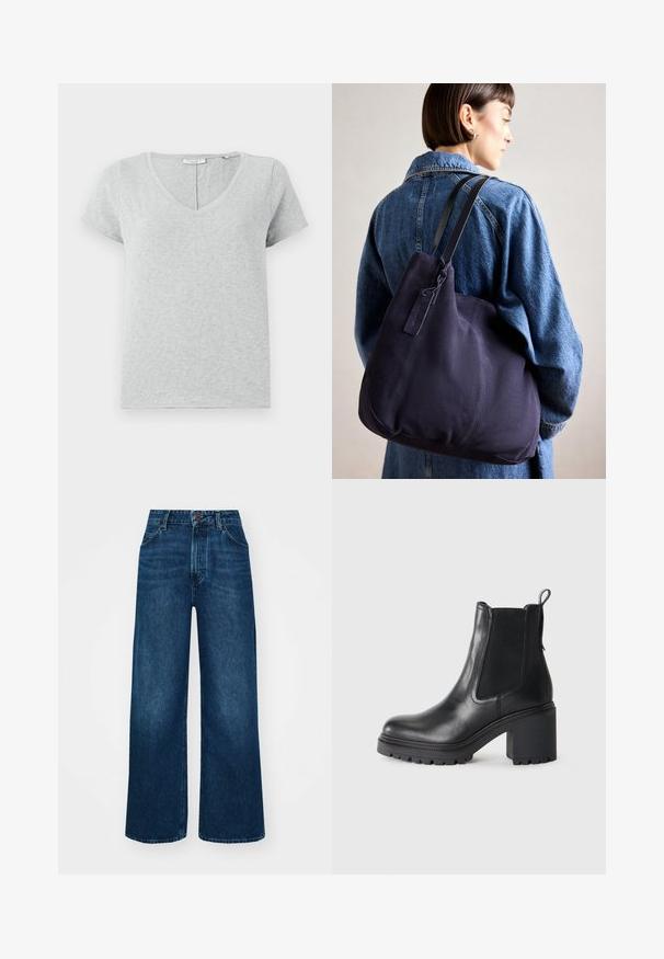 Hall värvi lühikeste varrukatega T-särk, mis on valmistatud pehmest kangast, V-kaelusega ja lõdva lõikega. Omab peent tekstuuri ja lihtsat disaini.; Kõrge vöökohaga laiad teksad tummises sinises denimis, millel on sile tekstuur, kontrastne õmblus ja viie-tasku disain. Esimene nupulukk.; Must musta külgniidi ja tõmbehaaratsi ning tekstuurses tallas lisatoe jaoks. Karm kõrgendatud konts.; Tumesinise kangast õlalauk, millel on pehme, struktureeritud kuju, must rihm, tikandiga detailid ja väike brändi silt.