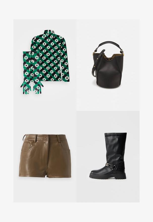 MAX&Co. RICHARD QUINN MADGA SET - Top s dlouhým rukávem - green; Hnědé šortky z umělé kůže s přiléhavým střihem, pasem s poutky na opasek, předními kapsami a viditelnými švy.; Černé kozačky po kolena vyrobené z hladké kůže, s výraznou sponou na boku a silnou, strukturovanou podrážkou pro lepší přilnavost.; Černá kožená kabelka ve tvaru vědra s texturovaným povrchem, zlatými kovovými akcenty a otevřeným vrchem. Obsahuje krátkou rukojeť a nastavitelný ramenní popruh.