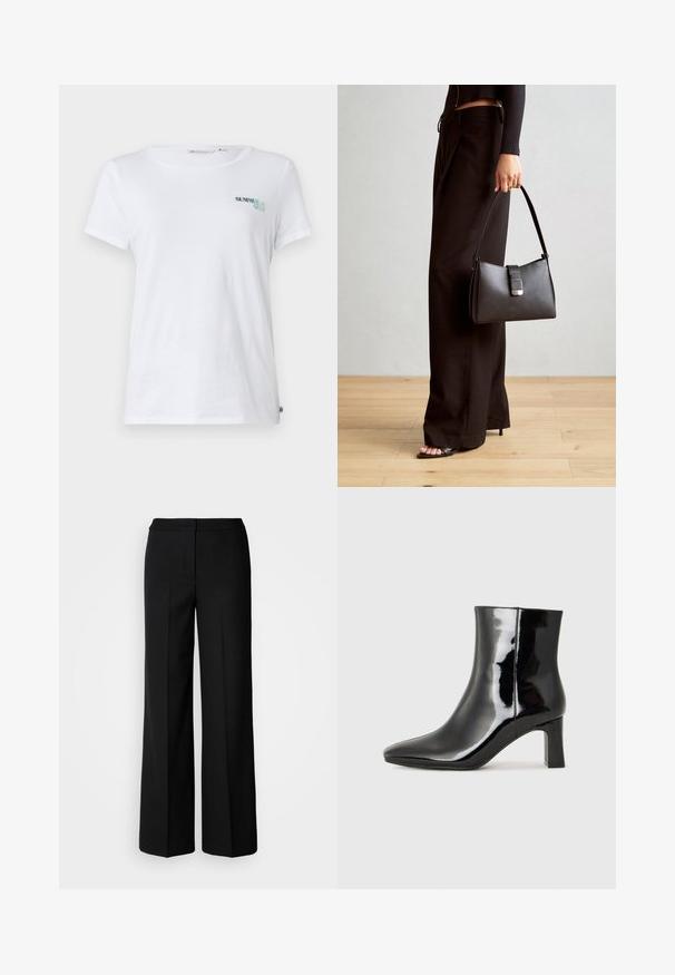 Valge puuvillane t-särk lühikeste varrukatega, mille vasakul rinnal on teal ja rohelise värviga brodeeritud "SUMMER CLUB". Klassikaline ümmargune kaelus.; Mustad laiad püksid siledast kangast, millel on kõrge vöökoht, kohandatud õmblused ja minimalistlik kujundus. Ei ole nähtavat riistvara ega taskuid.; Must-sinine nahkjalats musta läikiva viimistlusega, millel on terav nina ja keskmise kõrgusega plokk konts. Sile tekstuur ja minimalistik disain.; Must musta kott, millel on struktureeritud kuju, sile tekstuur ja metallist klamber. Kombineeritud laiate mustade pükstega ja avatud varvaste sandaalidega puidust põrandal.