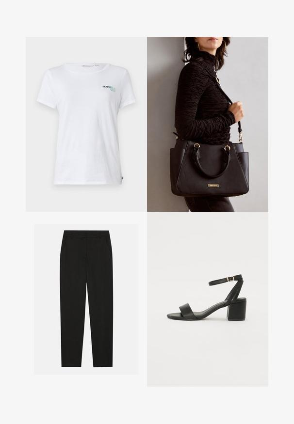 Hvid bomulds t-shirt med korte ærmer, der har "SUMMER CLUB" broderet i teal og grøn på venstre brystområde. Klassisk rund halsudskæring.; Sorte bukser med en skræddersyet design, der har sidelommer og lige ben. Lavet af glat, letvægtsstof med en elegant finish.; Sort hæl sandal med en glat læderoverdel, åben tå, brede frontstropper og justerbar ankelrem med detaljer i guldfarve.; Sort håndtaske med struktureret overflade, dobbelt topbærere og justerbar skulderrem. Udstyret med guldfarvet metalhardware og sidelommer.