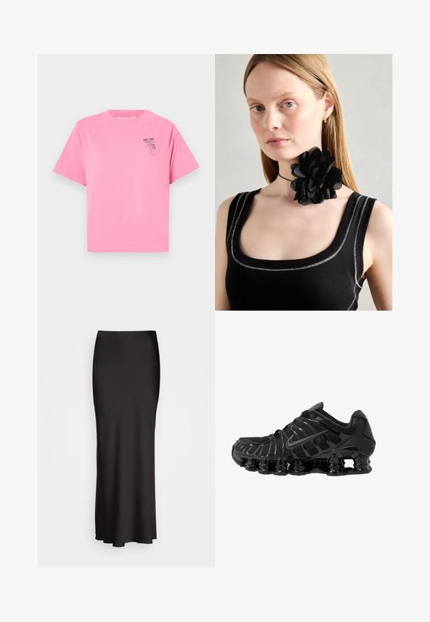 Marc O'Polo DENIM ROUND NECK - Triko s potiskem - soft pink; Černá, dlouhá saténová sukně s hladkou texturou, úzkým pasem a A-liniovým střihem, bez viditelných ozdob nebo vzorů.; Černá sportovní bota s síťovaným svrškem a lesklými detaily. Má zakřivené odpružení z pružin a texturované linie na straně. Viditelné logo Nike.; Černý květinový šperk na krk z vrstvených okvětních lístků, nošený s černým pleteným tílkem s stříbrnými akcenty podél výstřihu a ramen.