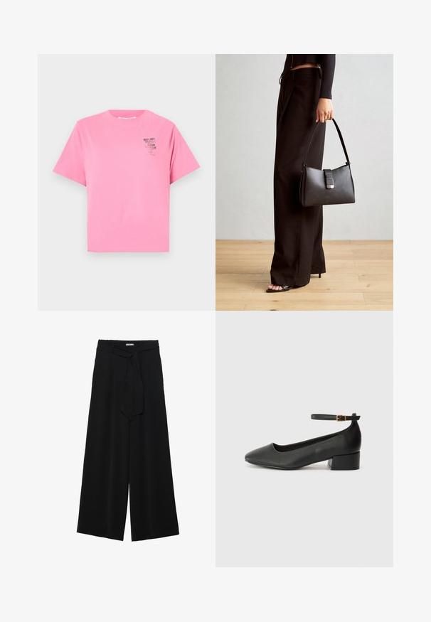 Marc O'Polo DENIM ROUND NECK - T-Shirt print - soft pink; Schwarze weite Hosen aus strukturiertem Stoff, mit elastischem Bund und einem abnehmbaren Bindegürtel in der Taille für eine verstellbare Passform.; Schwarze Lederpumps mit spitzem Zehenbereich und niedrigem Blockabsatz. Mit einem Knöchelriemen und einer goldfarbenen Schnalle. Glatte Textur.; Schwarze Handtasche mit strukturierter Form, glatter Textur und einem metallischen Verschluss. Kombiniert mit weiten schwarzen Hosen und offenen Sandalen auf einem Holzboden.