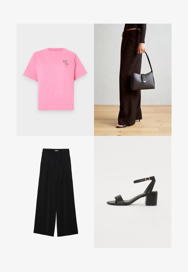 Marc O'Polo DENIM ROUND NECK - Camiseta estampada - soft pink; Pantalones de pierna ancha negros con un tejido texturizado, una cinturilla elástica y un lazo desmontable en la cintura para un ajuste ajustable.; Sandalia de tacón negro con parte superior de cuero suave, punta abierta, tiras frontales anchas y correa ajustable en el tobillo con detalle de hebilla dorada.; Bolso negro con forma estructurada, textura suave y un cierre metálico. Combinado con pantalones anchos negros y sandalias de dedo en un suelo de madera.